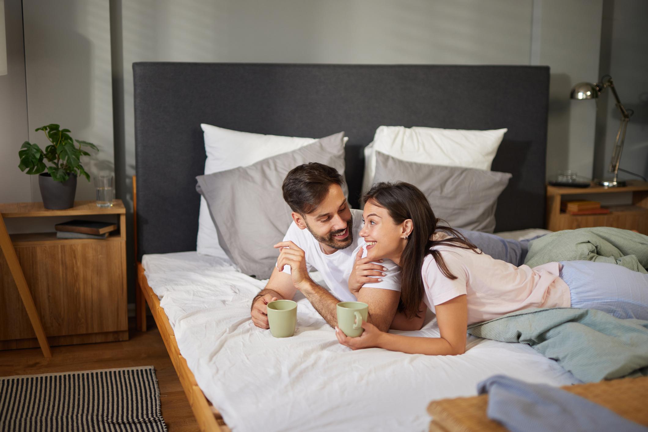 Couple Relaxing Morning Comfortable Bedroom Couple Relaxing Morning Comfortable Bedroom